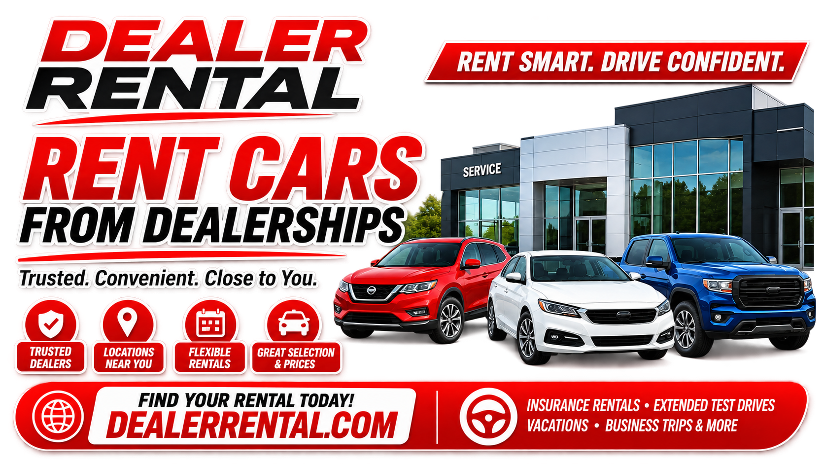 Dealer Rental rent cars from dealerships promotional graphic