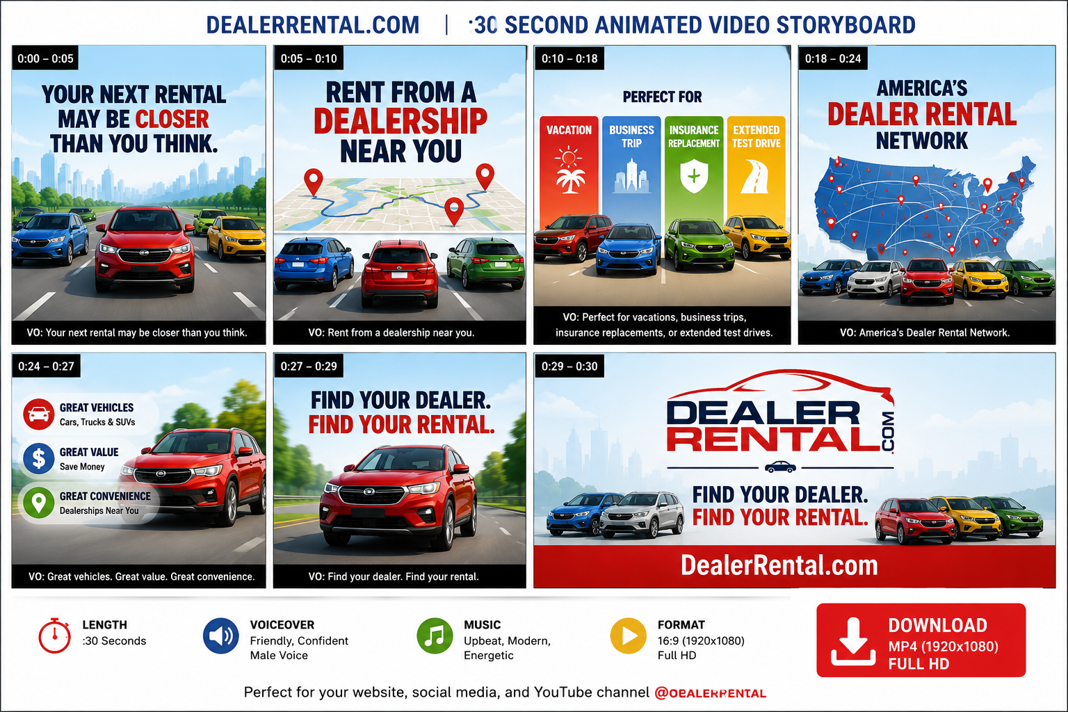 Dealer Rental 30 second animated video storyboard